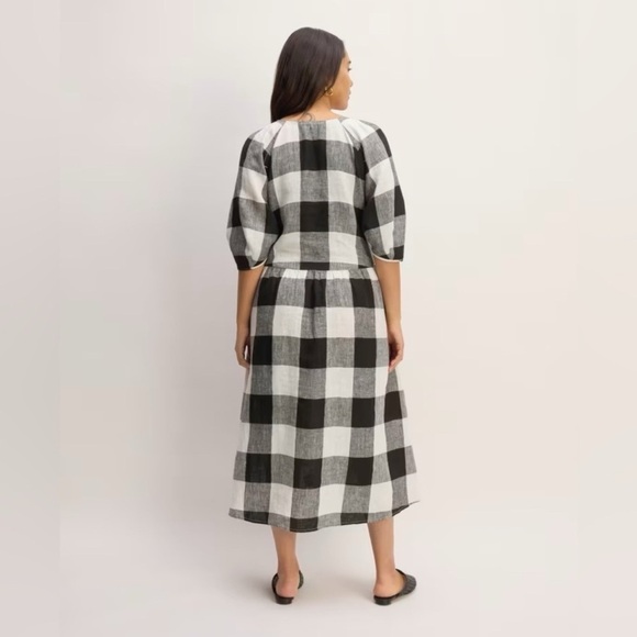 Everlane Linen Oversized Puff Sleeve Dress Bone Black Buffalo Plaid Preppy XS - Picture 4 of 15